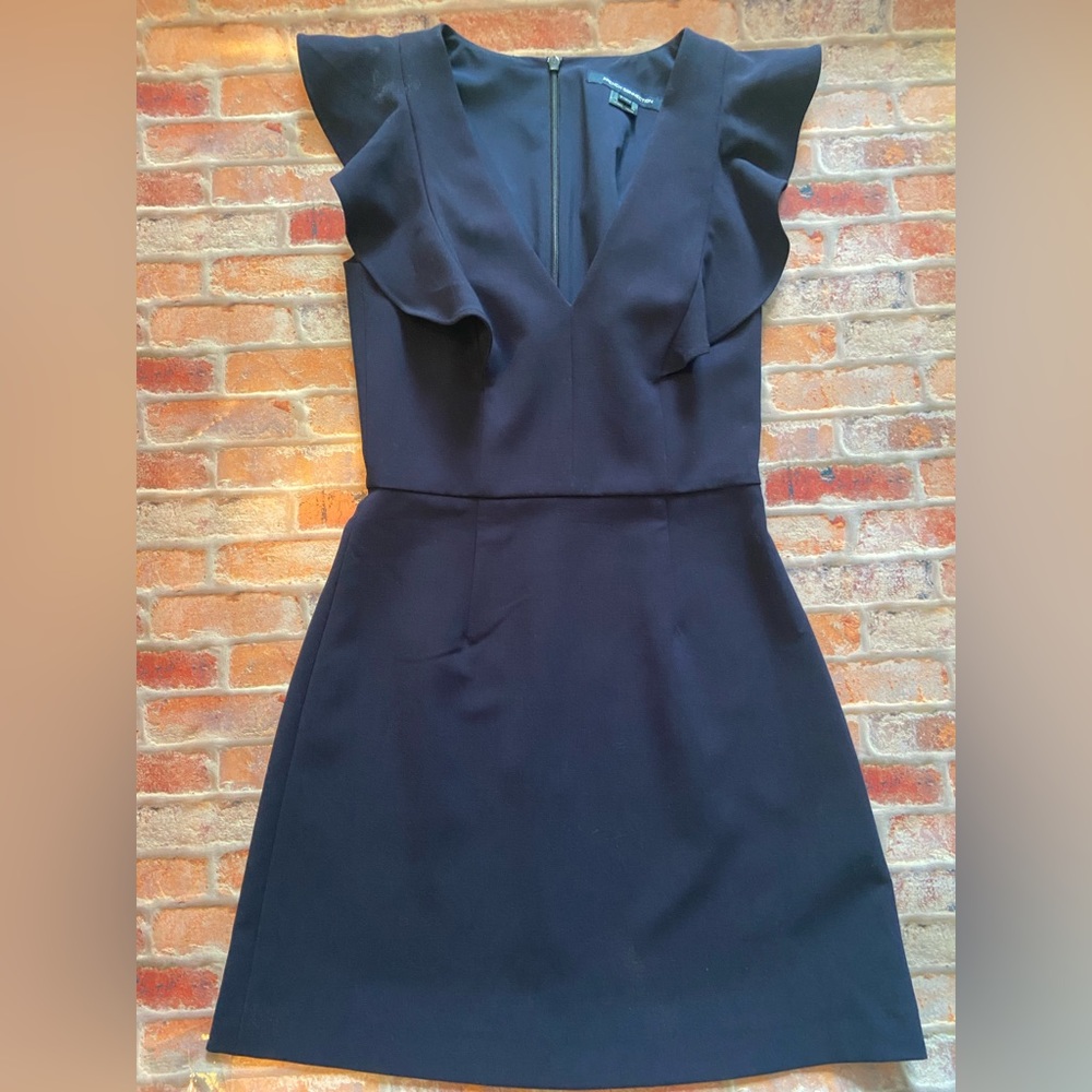 French Connection Whisper Ruffle V-Neck Dress, Navy Blue, Size 2